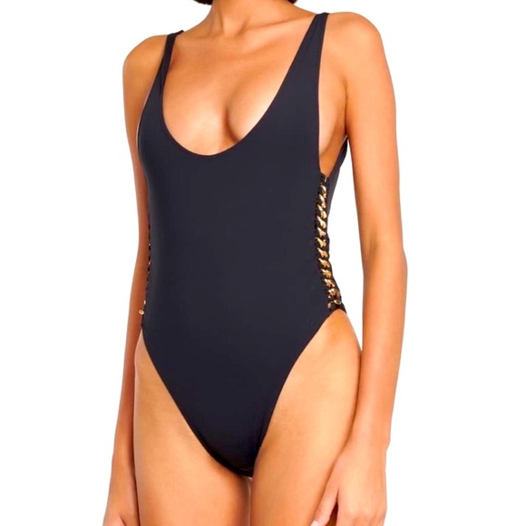 Stella McCartney Falabella chain link one piece swimsuit black and gold medium